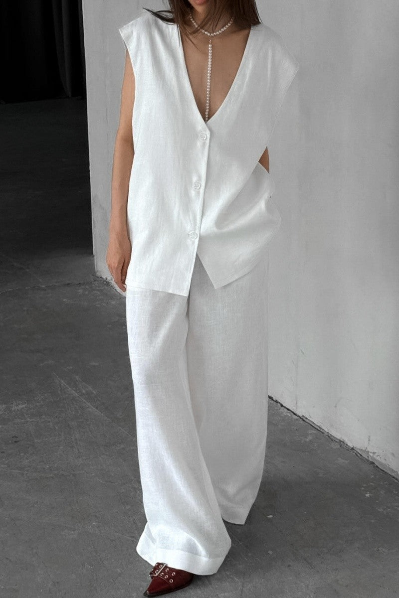 V-neck Cotton Linen Vest & Pants Set